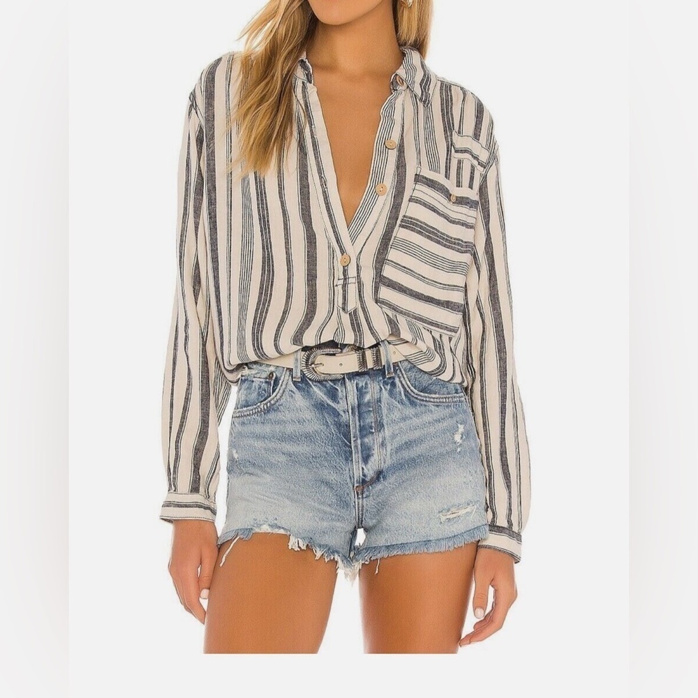 Free People Summer Breeze Stripe Popover Shirt Small Linen Blend Long Sleeve